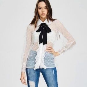 Elegant Sheer White Blouse with Black Bow
